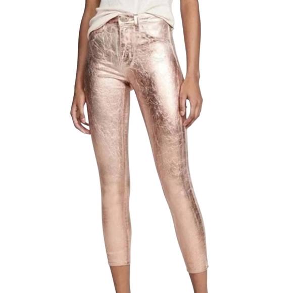 L'AGENCE Margot High-rise Petal Light Rose Gold Foil Ankle Skinny Jeans size 25 - Picture 2 of 11